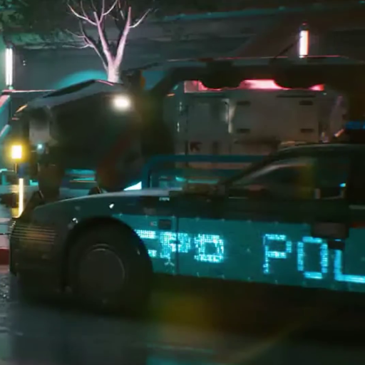 A police car driving down a street next to a bus. a police vehicle driving past a truck on street with lights. two trucks parked in the rain. a city at night with a police car and a police